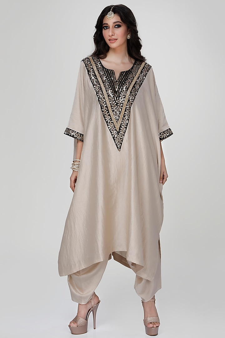 Almond Wrinkled Silk Kaftan Set by Ranian at Pernia's Pop Up Shop