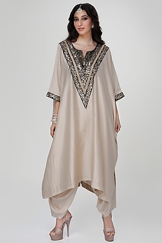 Almond Wrinkled Silk Kaftan Set by Ranian
