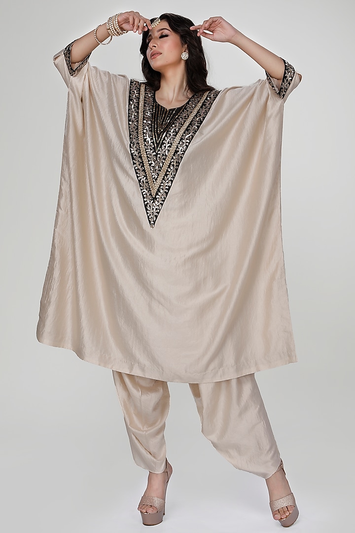 Almond Wrinkled Silk Kaftan Set by Ranian at Pernia's Pop Up Shop