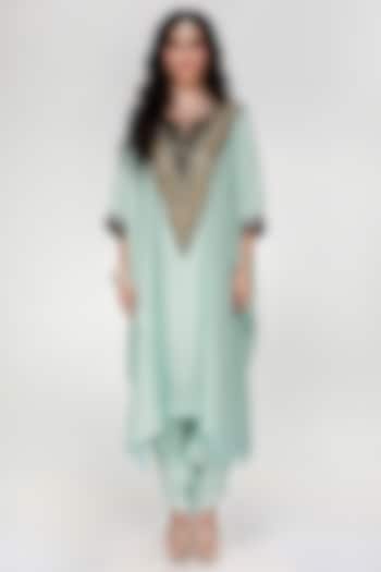 Powder Blue Wrinkled Silk Kaftan Set by Ranian at Pernia's Pop Up Shop