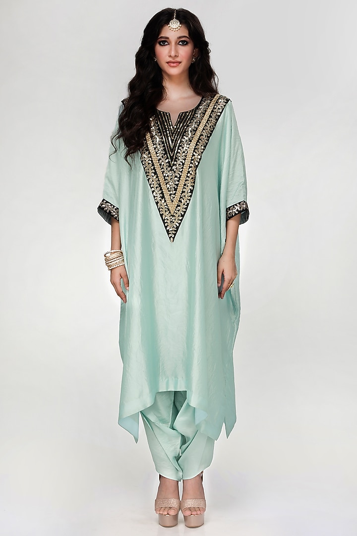 Powder Blue Wrinkled Silk Kaftan Set by Ranian at Pernia's Pop Up Shop