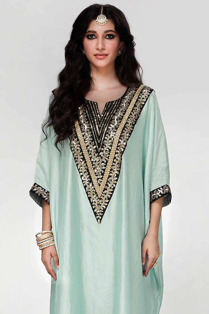 Powder Blue Wrinkled Silk Kaftan Set by Ranian at Pernia's Pop Up Shop