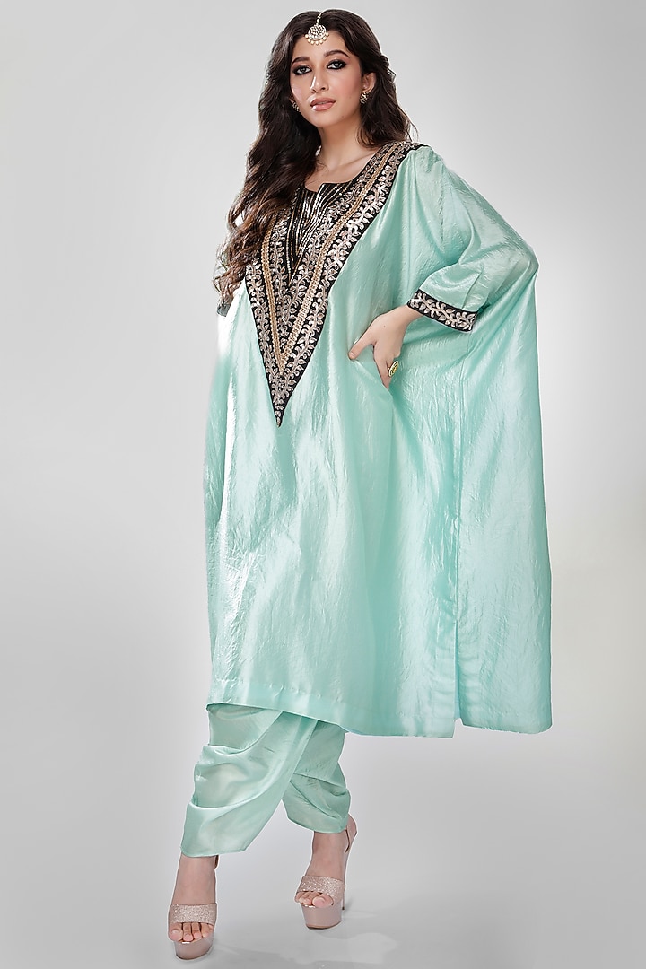 Powder Blue Wrinkled Silk Kaftan Set by Ranian at Pernia's Pop Up Shop