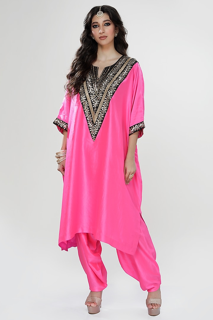 Fuchsia Wrinkled Silk Kaftan Set by Ranian at Pernia's Pop Up Shop