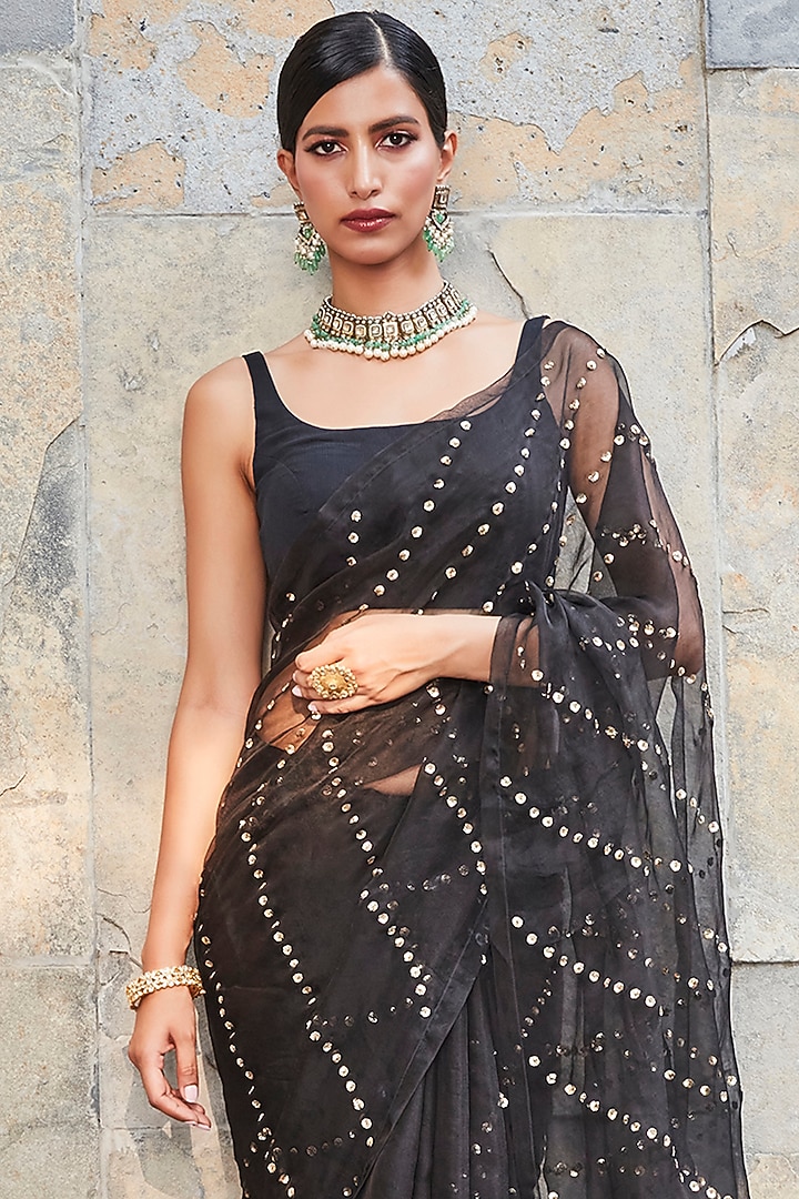 Black Organza Embroidered Wedding Saree Set by Ranian at Pernia's Pop Up Shop
