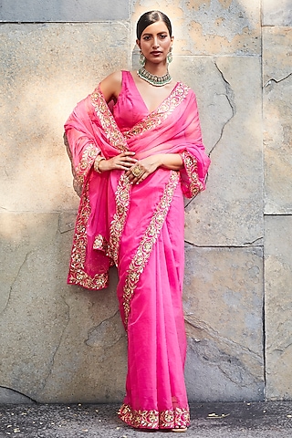 Fuchsia Organza Embroidered Saree Set by Ranian