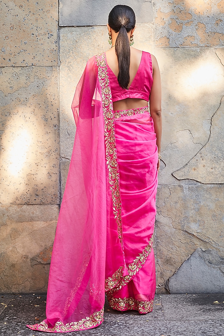 Fuchsia Organza Embroidered Wedding Saree Set by Ranian at Pernia's Pop Up Shop