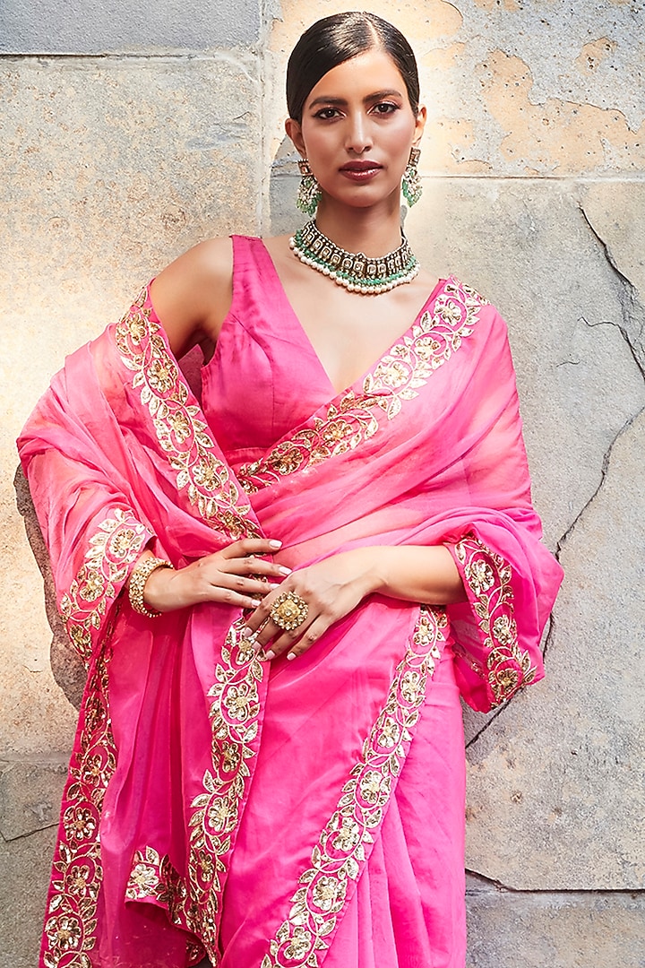 Fuchsia Organza Embroidered Wedding Saree Set by Ranian at Pernia's Pop Up Shop