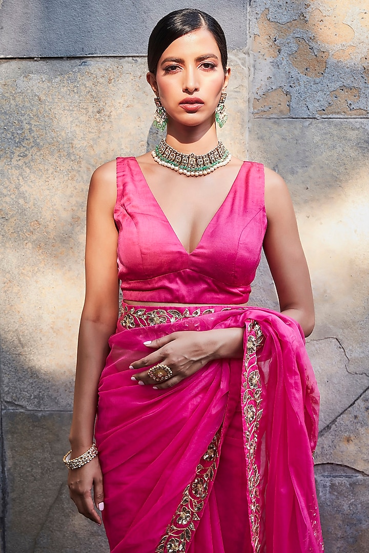 Fuchsia Organza Embroidered Wedding Saree Set by Ranian at Pernia's Pop Up Shop