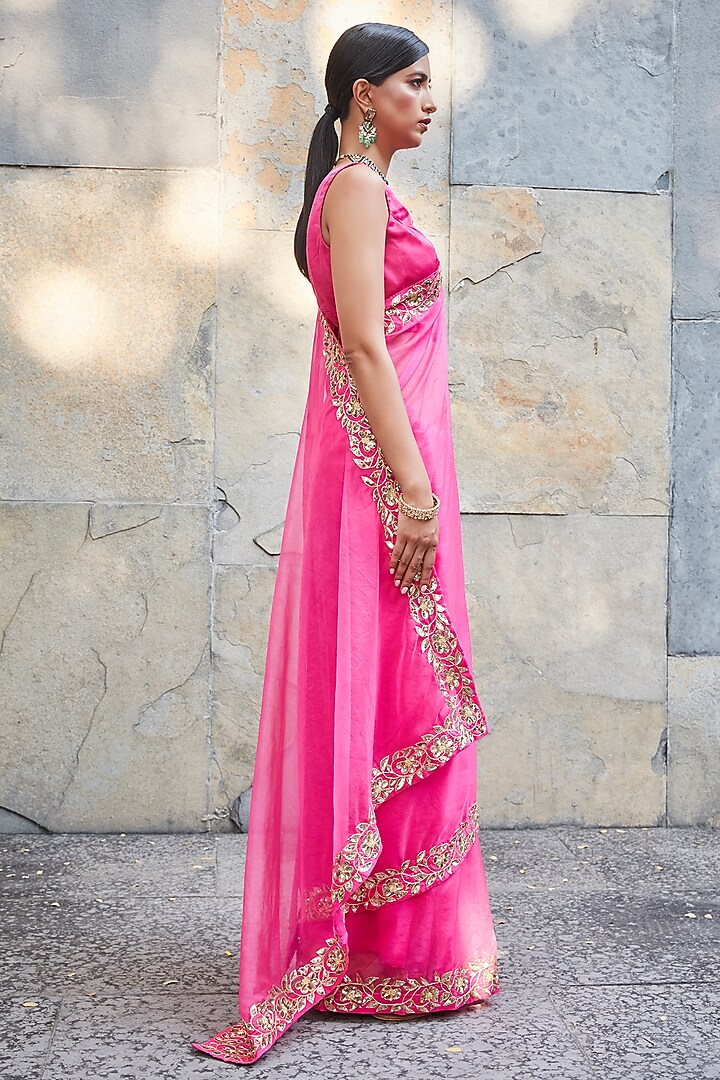 Fuchsia Organza Embroidered Wedding Saree Set by Ranian at Pernia's Pop Up Shop