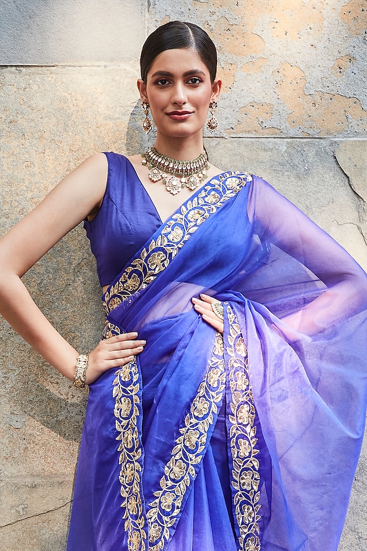 Purple Organza Embroidered Wedding Saree Set by Ranian at Pernia's Pop Up Shop