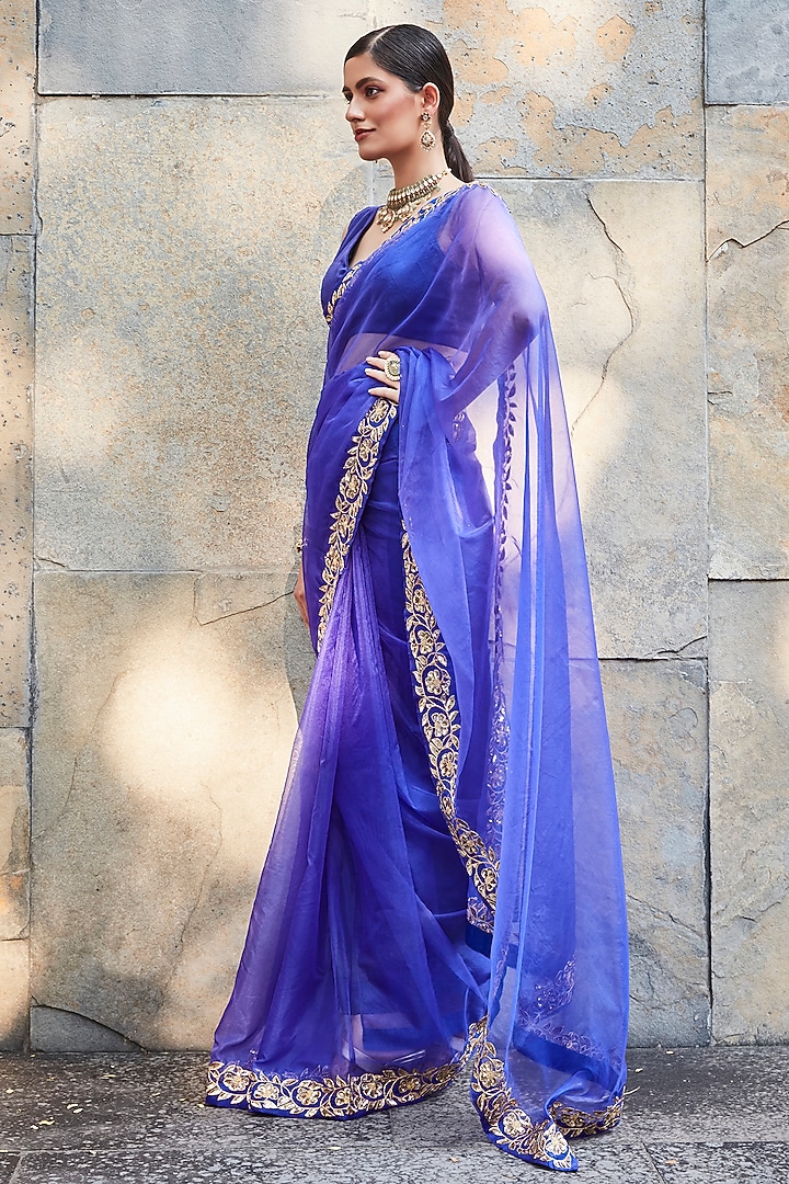 Purple Organza Embroidered Wedding Saree Set by Ranian at Pernia's Pop Up Shop