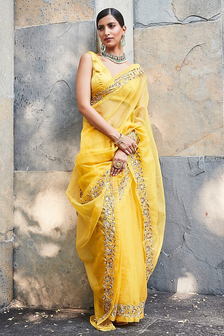 Yellow Organza Embroidered Saree Set by Ranian