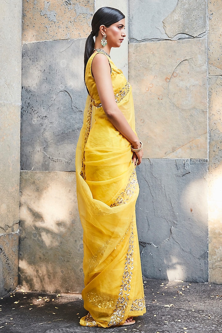 Yellow Organza Embroidered Wedding Saree Set by Ranian at Pernia's Pop Up Shop