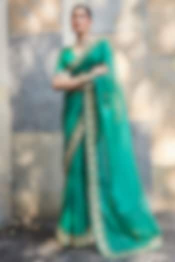 Green Organza Embroidered Saree Set by Ranian