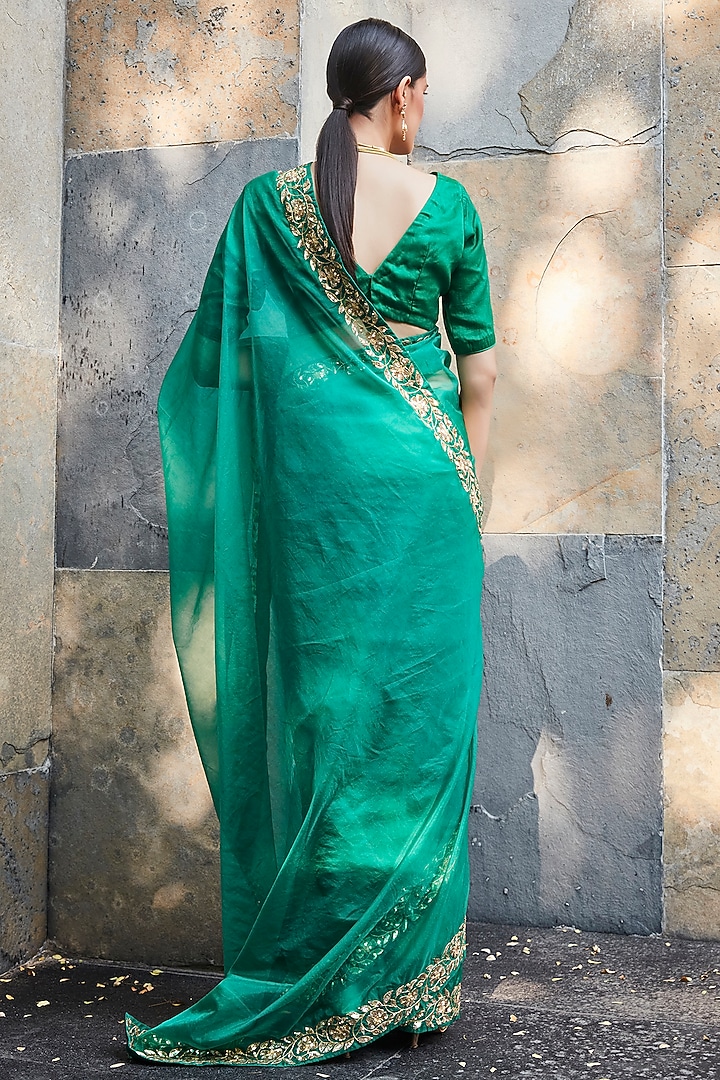 Green Organza Embroidered Wedding Saree Set by Ranian at Pernia's Pop Up Shop