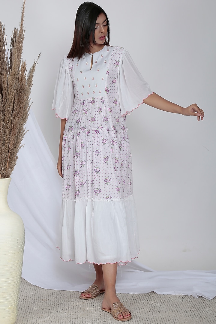 White Floral Hand Block Printed Summer Dress by Negra Elegante at Pernia's Pop Up Shop