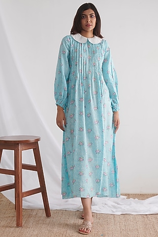 Sky Blue Block Printed Pleated Dress by Negra Elegante