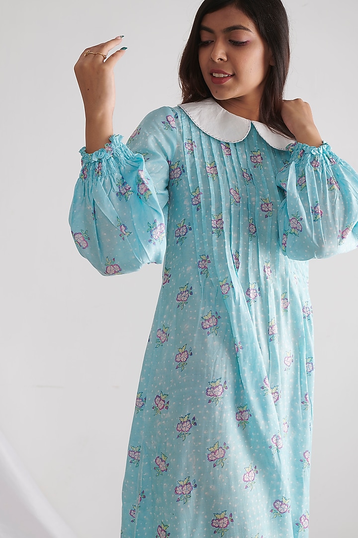Sky Blue Block Printed Pleated Summer Dress by Negra Elegante at Pernia's Pop Up Shop