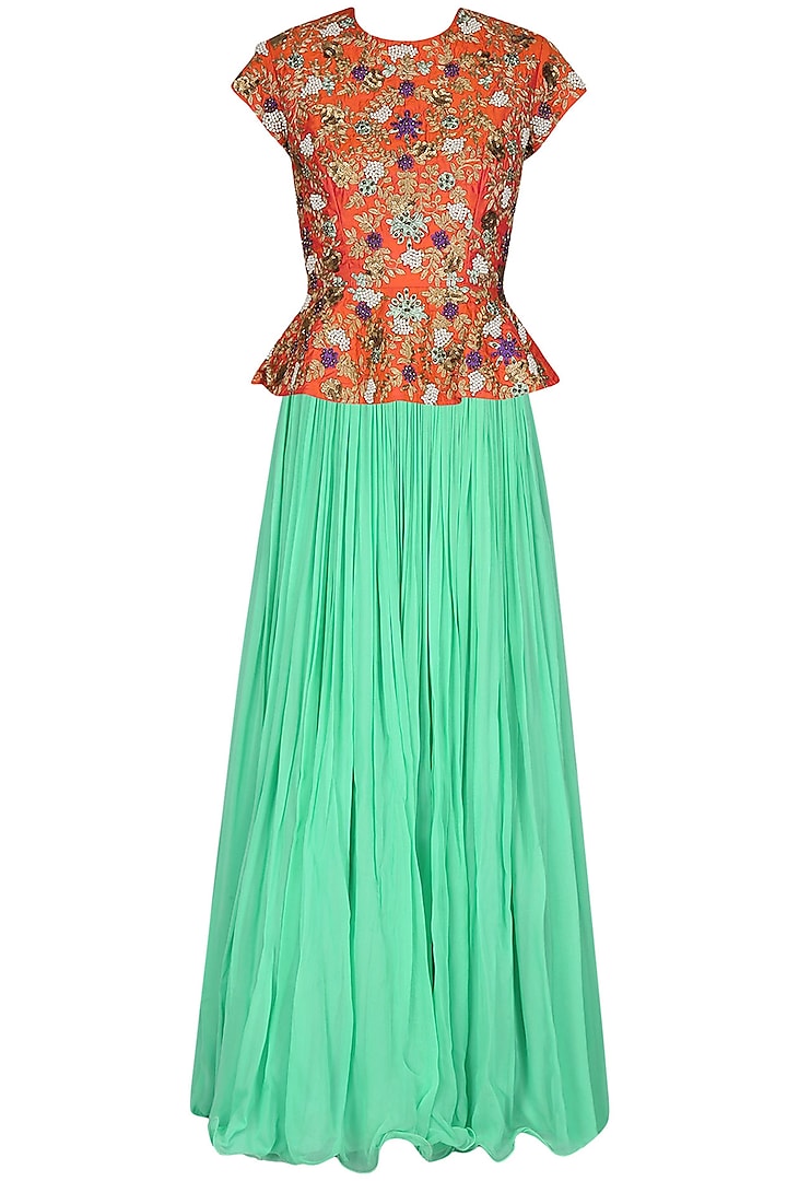 Coral Jaal Embroidered Peplum Top With Sea Green Pleated Skirt by 1600 AD NAISHA NAGPAL