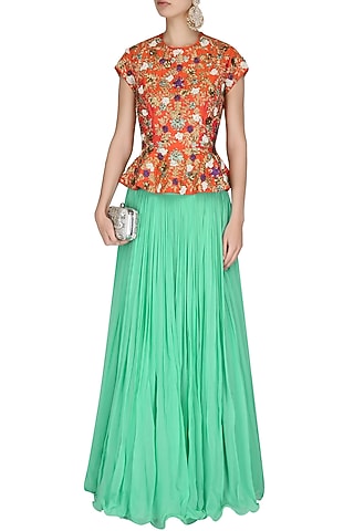 Coral Jaal Embroidered Peplum Top With Sea Green Pleated Skirt by 1600 AD NAISHA NAGPAL