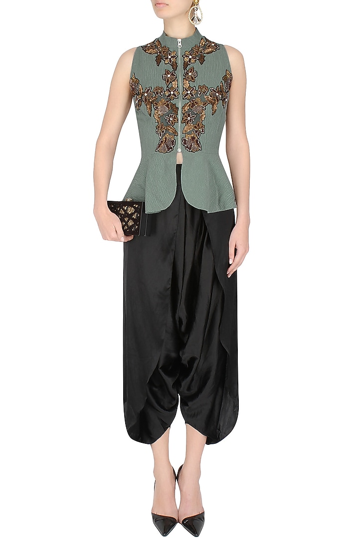 Grey peplum jacket with black draped dhoti pants available only at Pernia's Pop Up Shop.