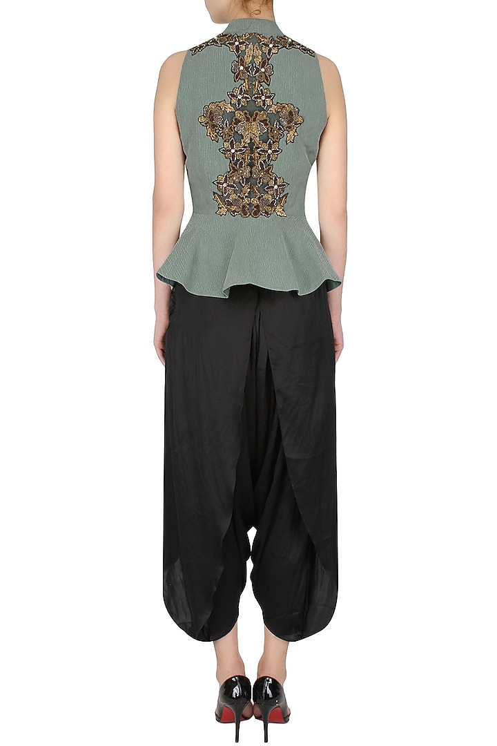 Grey peplum jacket with black draped dhoti pants available only at Pernia's Pop Up Shop.
