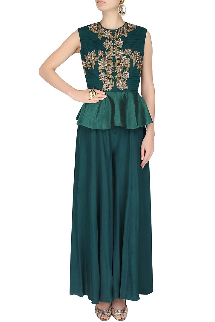 Teal floral motifs embroidered peplum jumpsuit available only at Pernia's Pop Up Shop.
