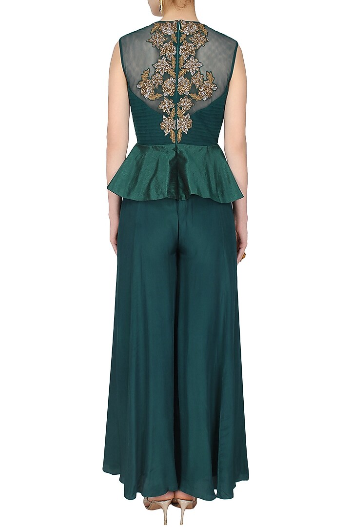 Teal floral motifs embroidered peplum jumpsuit available only at Pernia's Pop Up Shop.