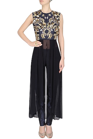 Blue Front Open Jacket With Blue Straight Pants by 1600 AD NAISHA NAGPAL