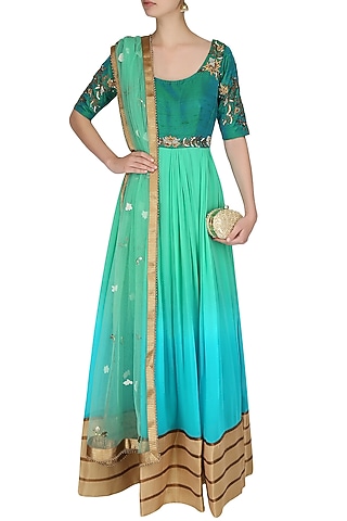 Mint Green Ombre Shaded Floor Length Anarkali Suit With Churidaar Pants by 1600 AD NAISHA NAGPAL
