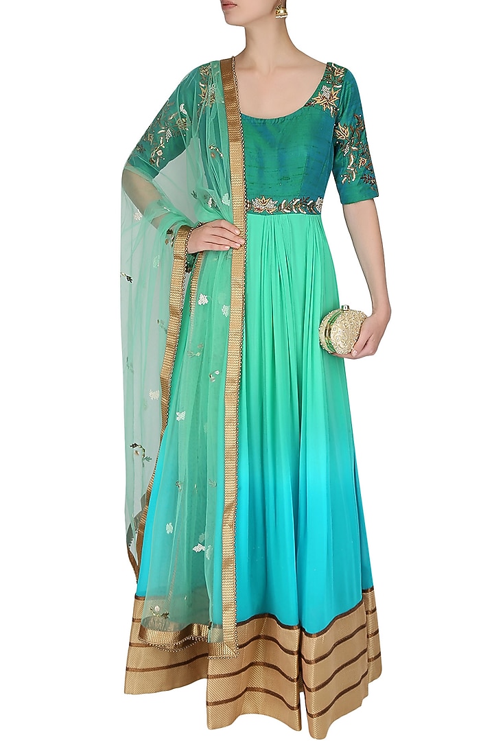 Mint green ombre shaded floor length anarkali suit with churidaar pants available only at Pernia's Pop Up Shop.