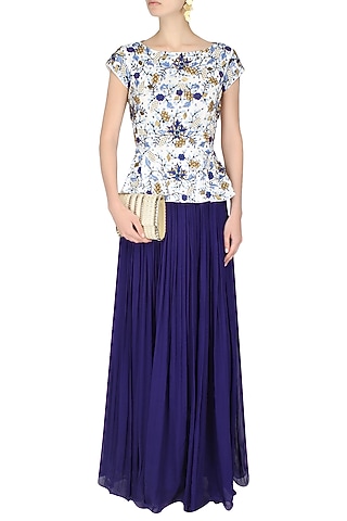 White Embroidered Peplum Top With Ink Blue Gathered Skirt by 1600 AD NAISHA NAGPAL