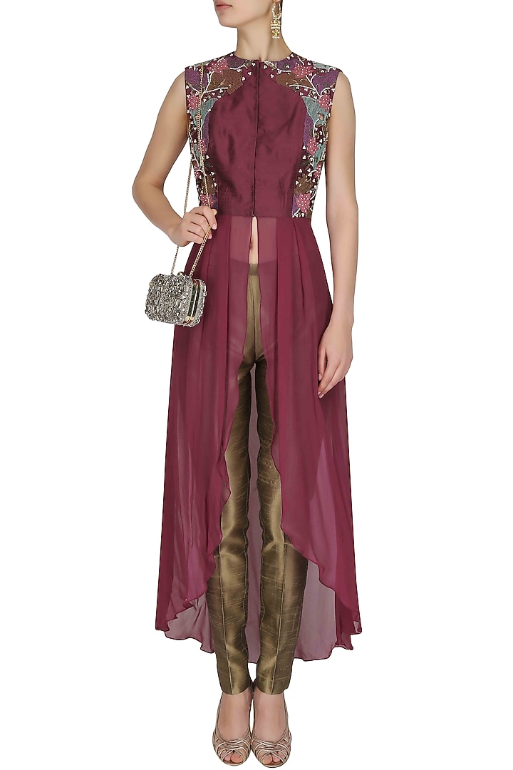 Front open wine jacket with gold pants available only at Pernia's Pop Up Shop.
