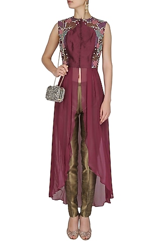 Front Open Wine Jacket With Gold Pants by 1600 AD NAISHA NAGPAL