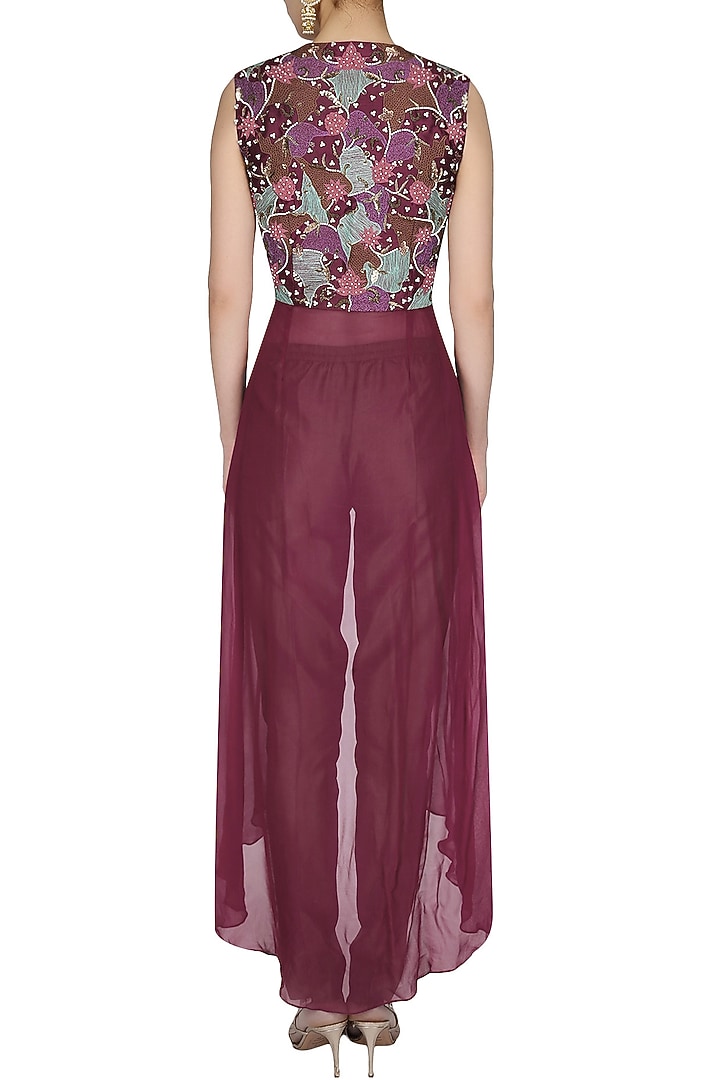 Front open wine jacket with gold pants available only at Pernia's Pop Up Shop.