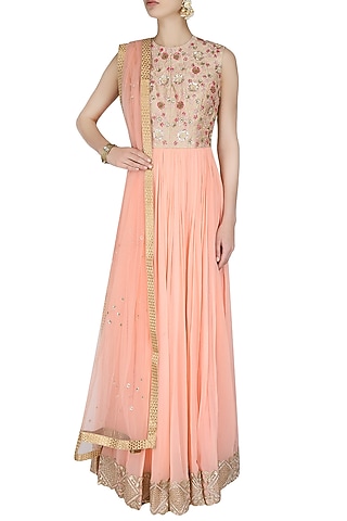 Powder Pink Embroidered Floor Length Suit With Blush Pink Churidaar Pants by 1600 AD NAISHA NAGPAL