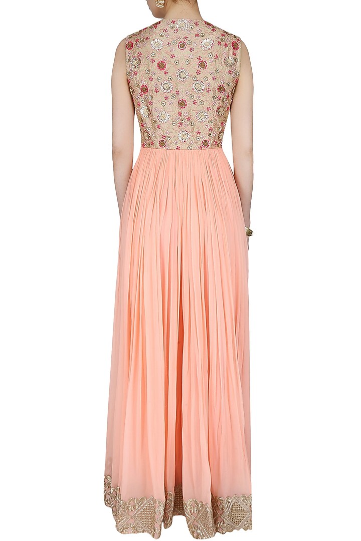 Powder pink embroidered floor length suit with blush pink churidaar pants available only at Pernia's Pop Up Shop.