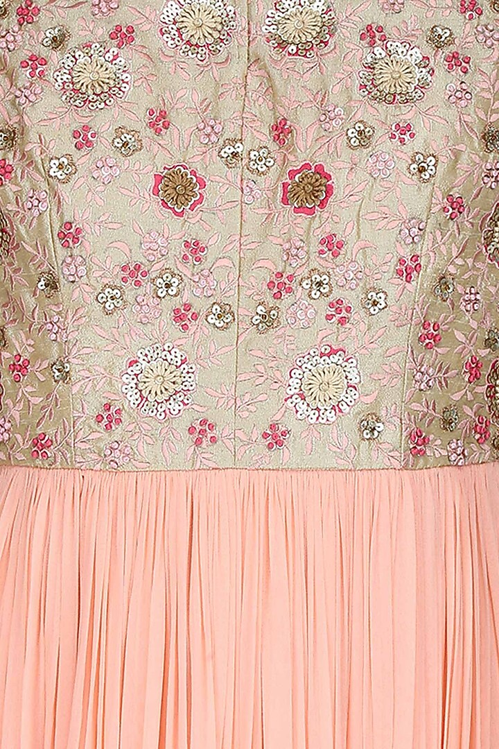 Powder pink embroidered floor length suit with blush pink churidaar pants available only at Pernia's Pop Up Shop.