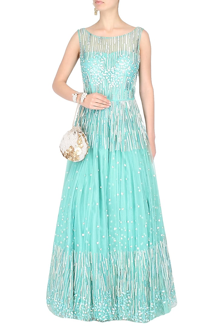 Sea green floor length embellished gown available only at Pernia's Pop Up Shop.