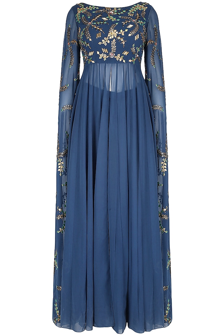 Blue Cape Sleeves Anarkali Suit With Palazzo Pants by 1600 AD NAISHA NAGPAL