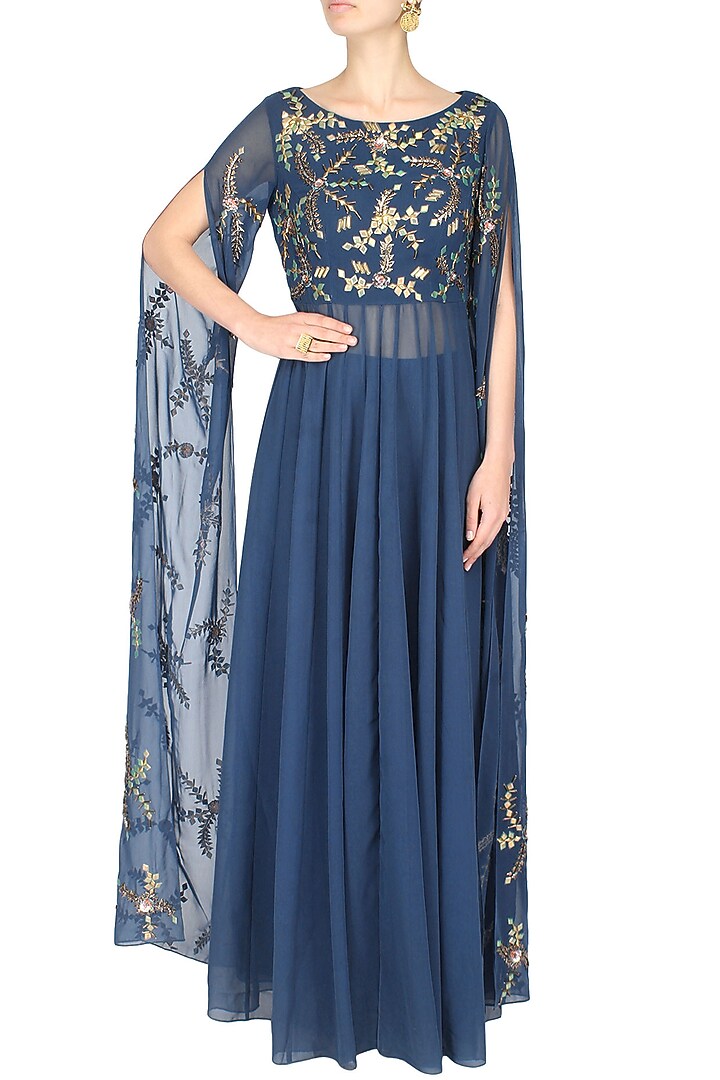 Blue cape sleeves anarkali suit with palazzo pants available only at Pernia's Pop Up Shop.