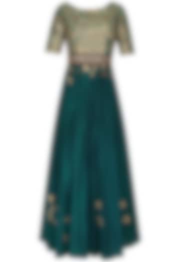 Bottle Green Embroidered Floor Length Suit With Green Churidaar Pants by 1600 AD NAISHA NAGPAL