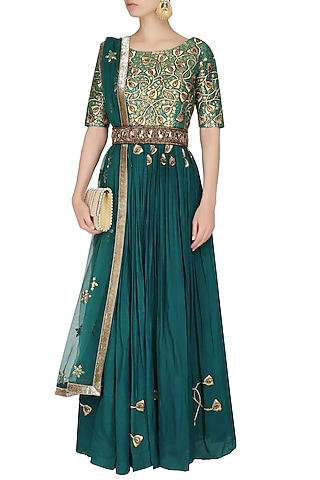 Bottle Green Embroidered Floor Length Suit With Green Churidaar Pants by 1600 AD NAISHA NAGPAL