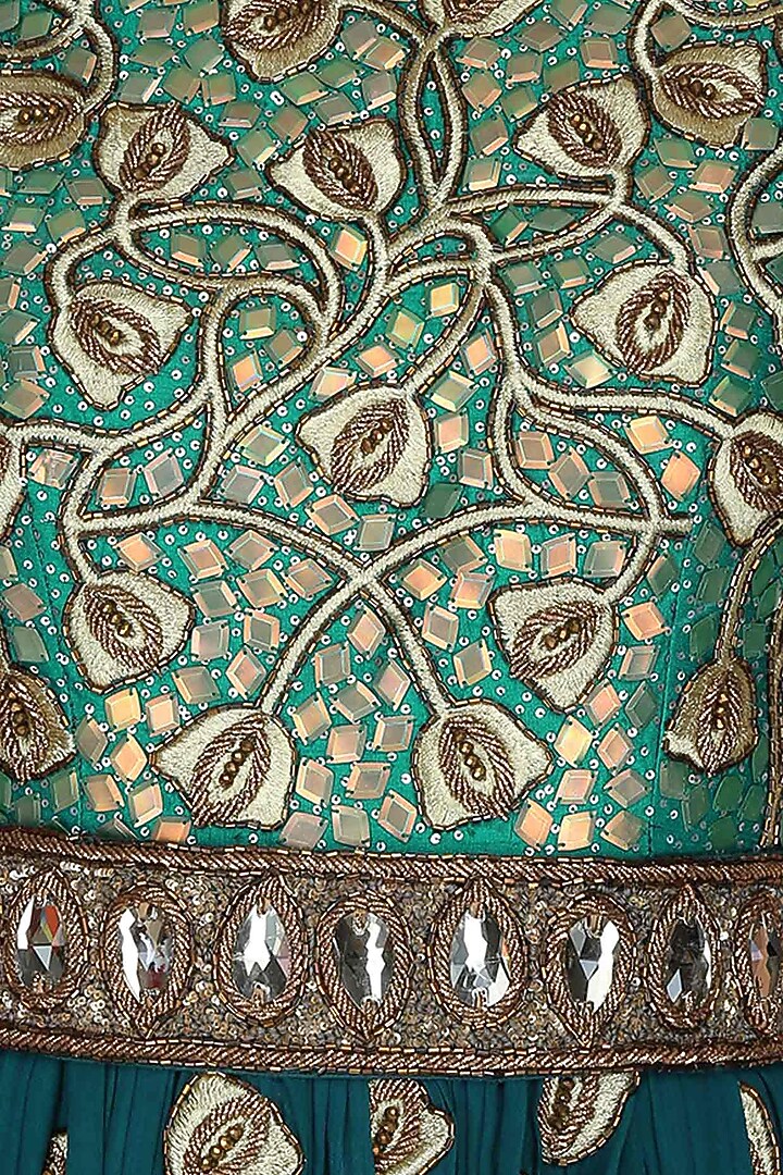 Bottle green embroidered floor length suit with green churidaar pants available only at Pernia's Pop Up Shop.