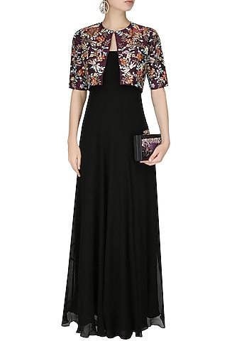 Purple Front Open Crop Top Jacket With Black Bias Gown by 1600 AD NAISHA NAGPAL