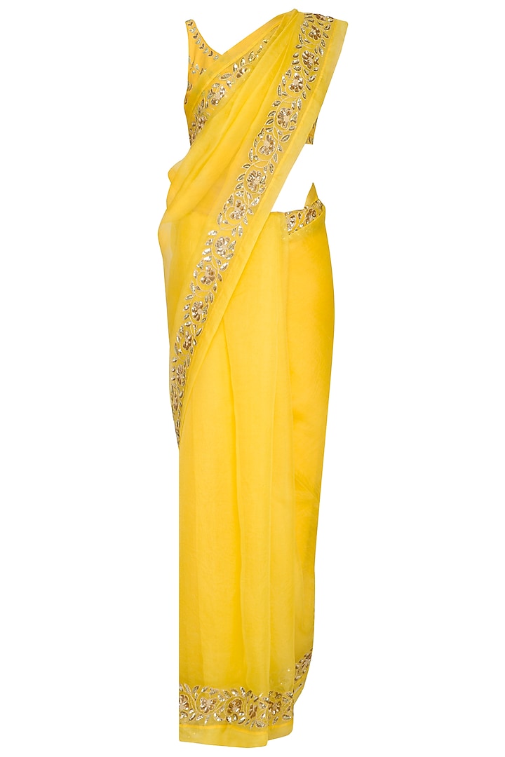 Yellow embroidered saree set by Ranian