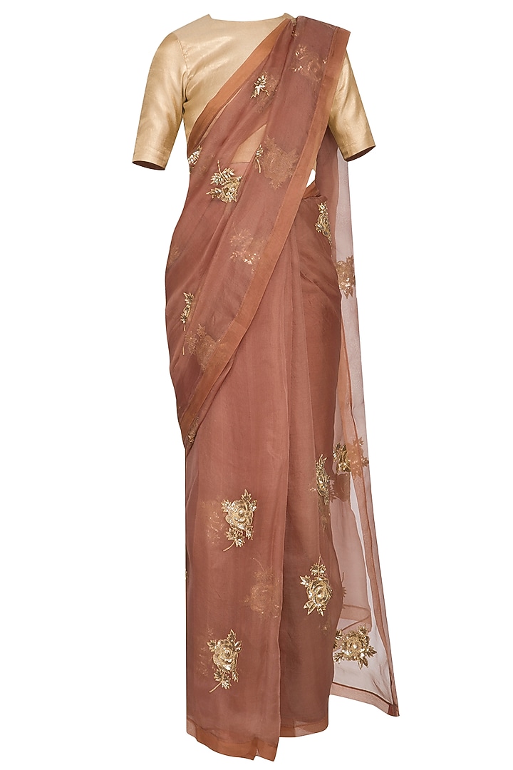 Mud Brown Silk Organza Zari Embroidered Wedding Saree Set by Ranian at Pernia's Pop Up Shop