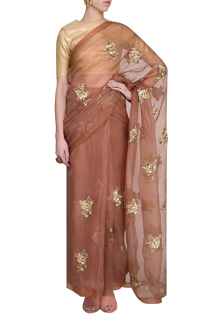 Mud Brown Silk Organza Zari Embroidered Wedding Saree Set by Ranian at Pernia's Pop Up Shop
