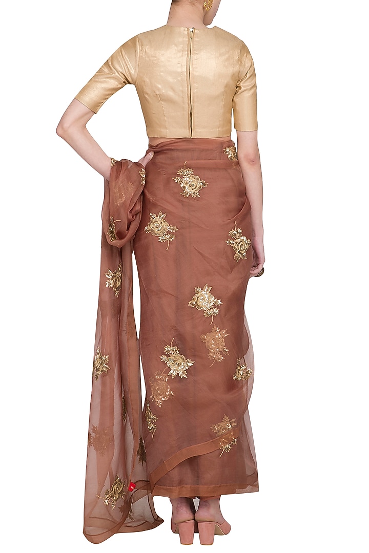 Mud Brown Silk Organza Zari Embroidered Wedding Saree Set by Ranian at Pernia's Pop Up Shop